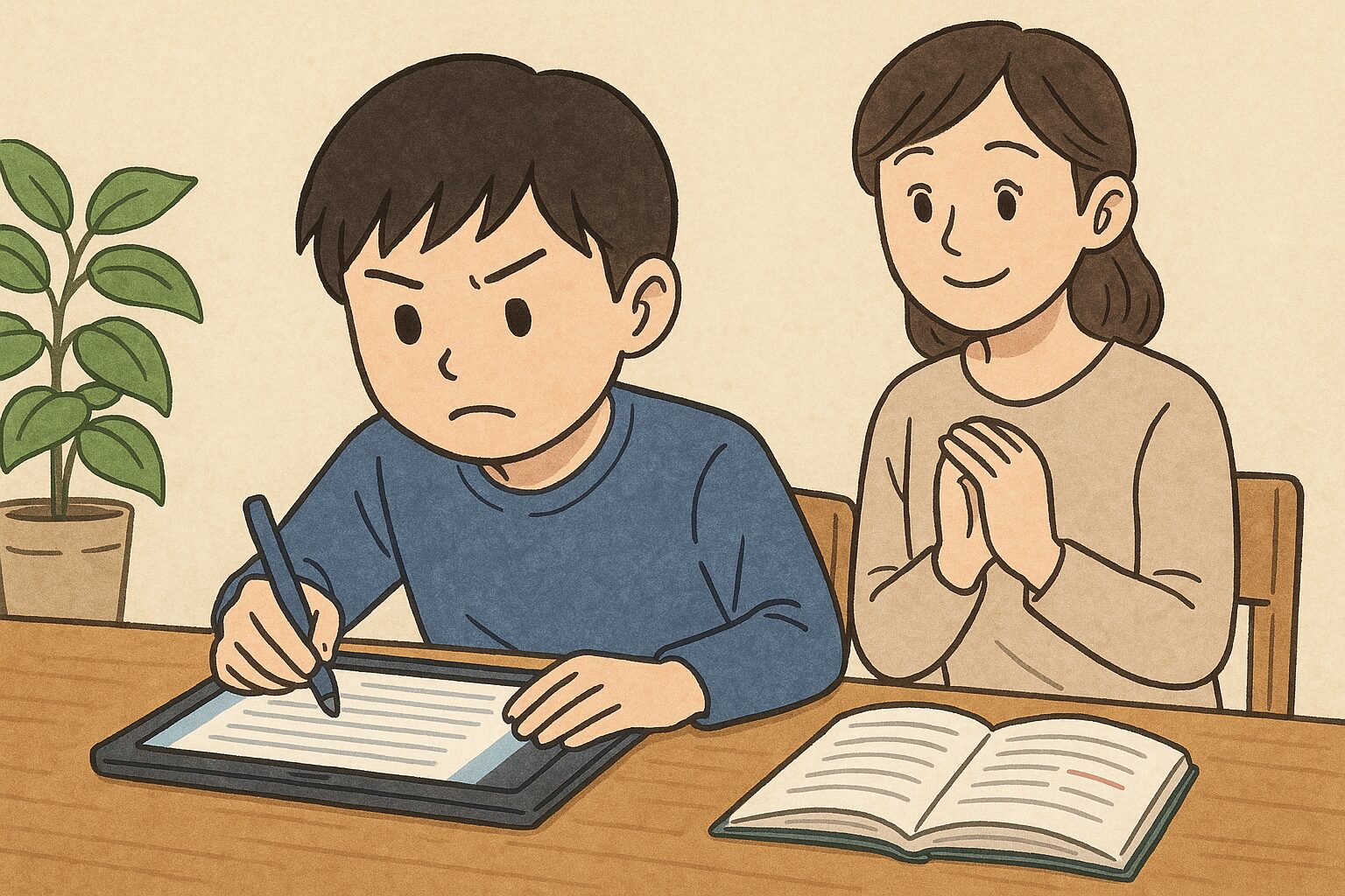 家で通信教材に集中する子ども+母親が見守る様子