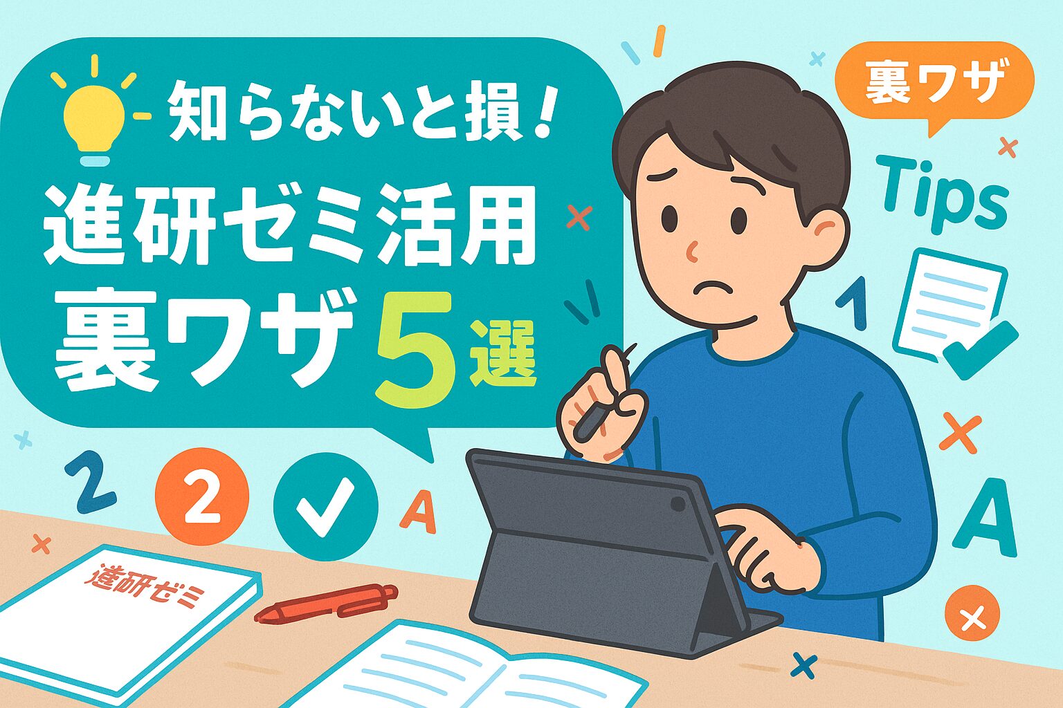 進研ゼミ活用裏ワザを解説するアイコン入り日本語デジタルイラスト。