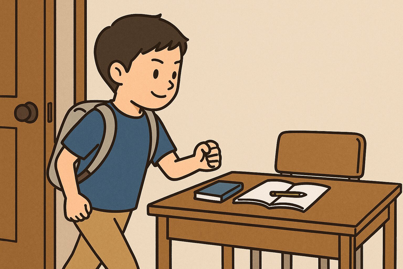 リュックを背負った男の子が、自分から進んで勉強机に向かう様子のイラスト。机の上にはノートと鉛筆が置かれている