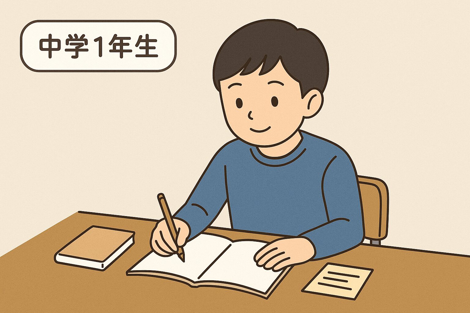 中学1年生の男の子が机に向かい、ノートに集中して勉強しているイラスト

