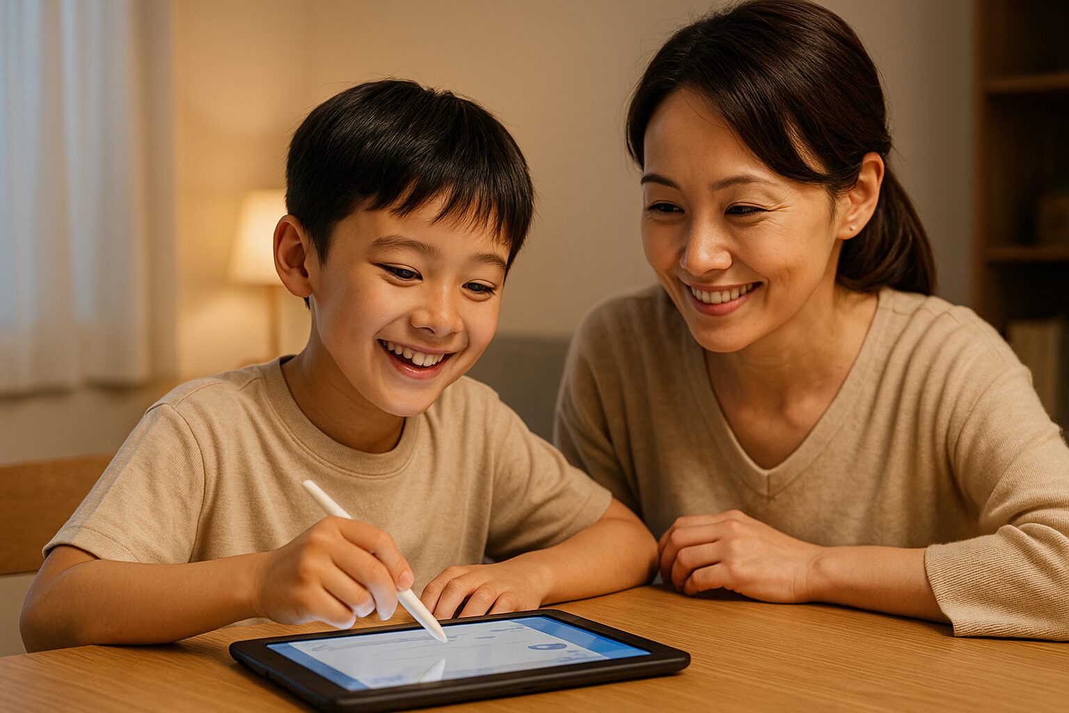 タブレットで楽しく学習する男の子と、それを笑顔で見守る母親。木製のテーブルと暖色の照明が家庭的な雰囲気を演出している。