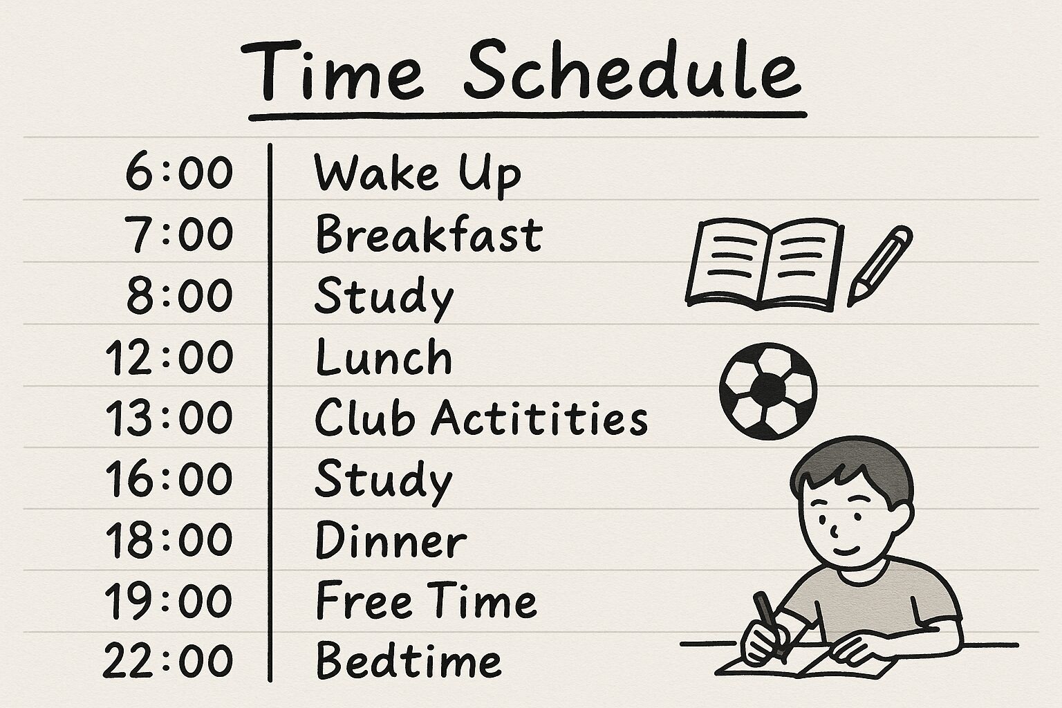 中学生の1日のスケジュールを手書き風にまとめたタイムテーブル。6時起床から22時就寝までの予定が、イラストとともに描かれている