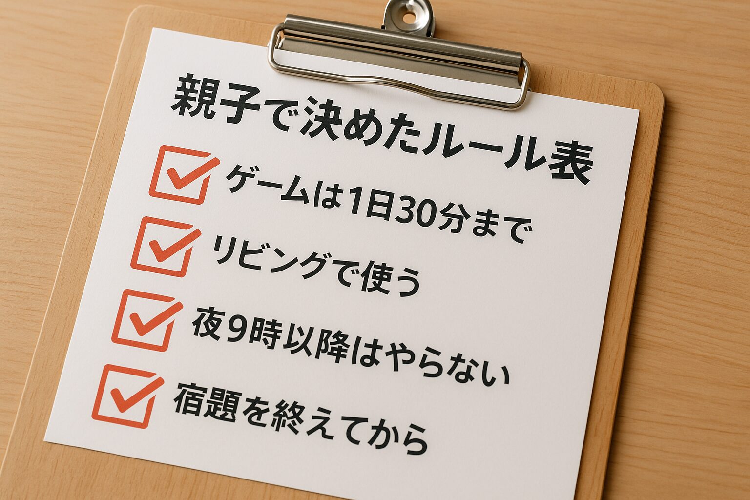 木製のクリップボードに挟まれた「親子で決めたルール表」がテーブルの上に置かれている。ルールには「ゲームは1日30分まで」「リビングで使う」「夜9時以降はやらない」「宿題を終えてから」などが記載されており、赤いチェックマークが添えられている。