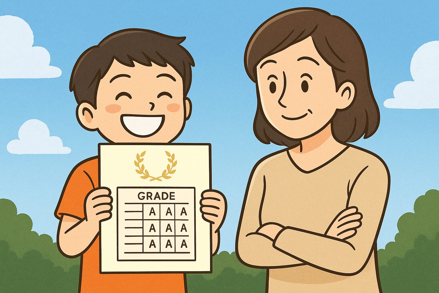 成績表を手に笑顔で母親に見せる子どものイラスト。成績表にはすべてAが並び、母親は穏やかな表情で見守っている