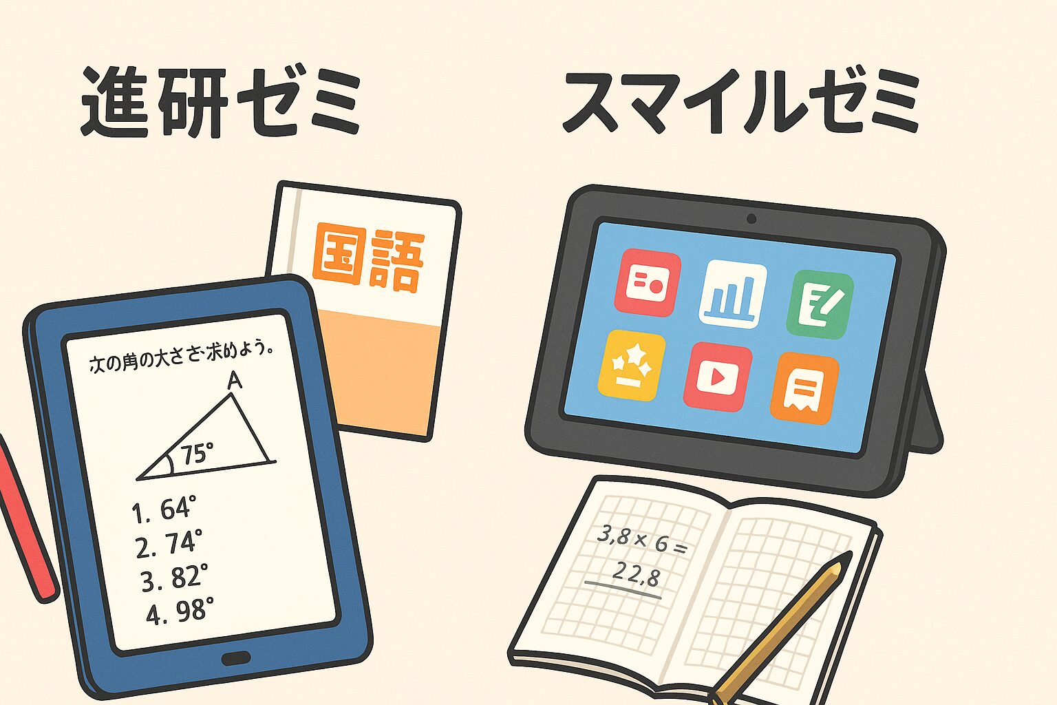 進研ゼミとスマイルゼミのタブレット教材を比較したイラスト。