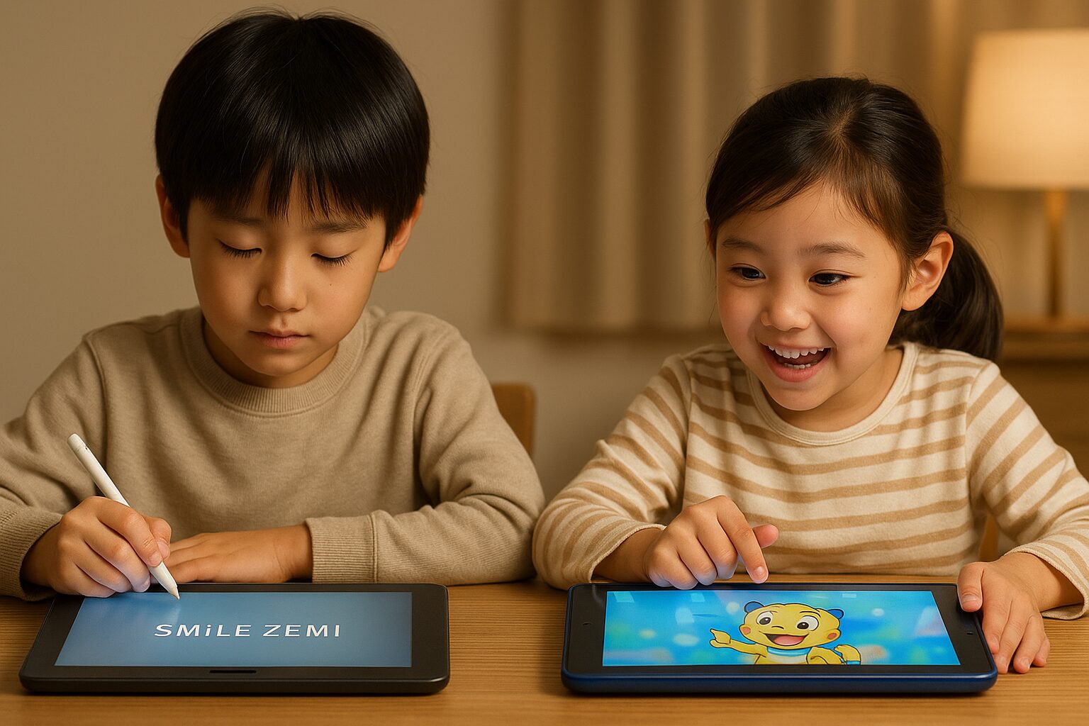静かな表情でタブレットにペンで書き込む男の子と、キャラクターの表示されたタブレットを見て笑顔を見せる女の子が並んで学習している様子。柔らかな照明の中、スマイルゼミとチャレンジタッチの学習スタイルの違いを表現している。