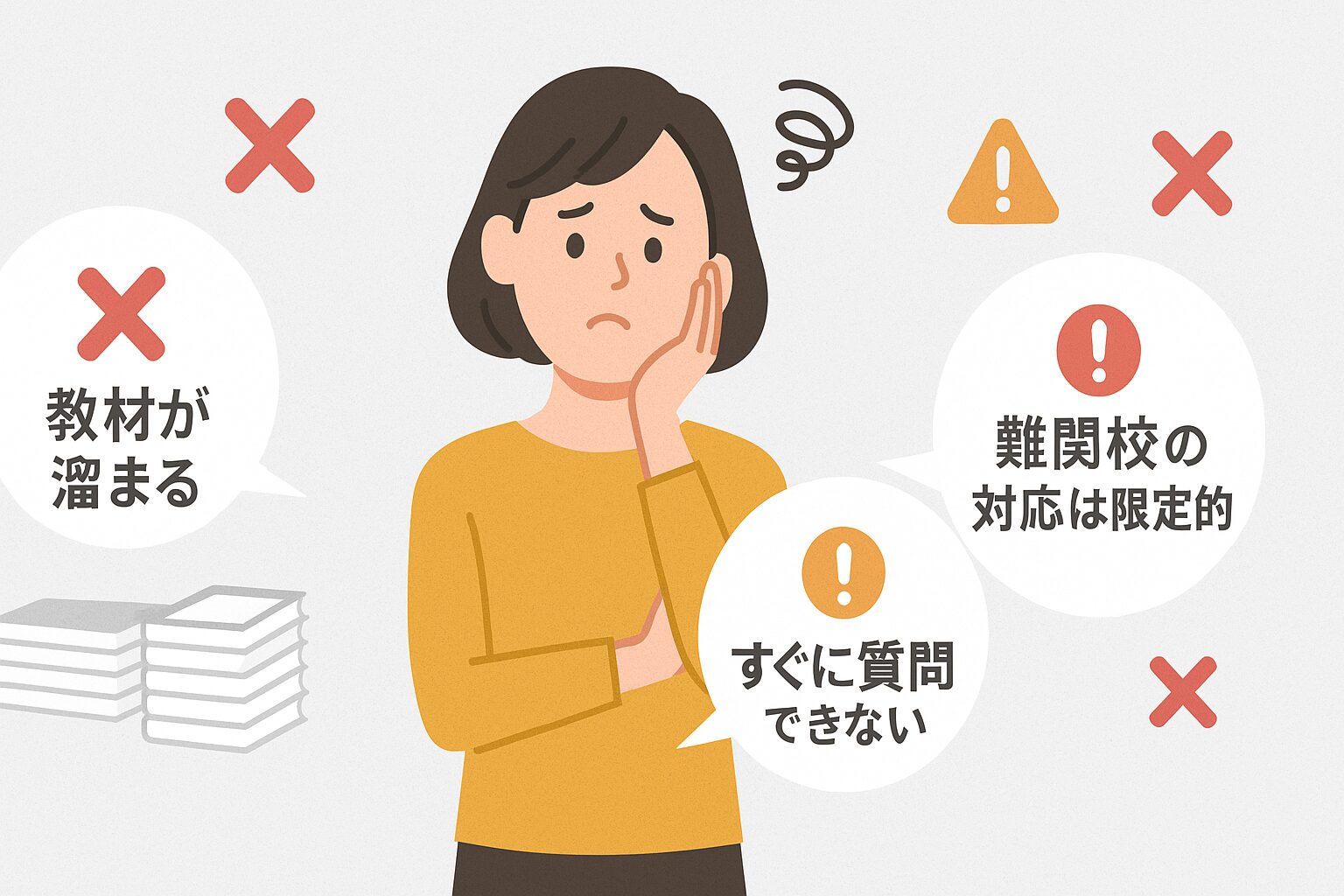 進研ゼミの3つのデメリットを吹き出しで示す保護者イラスト